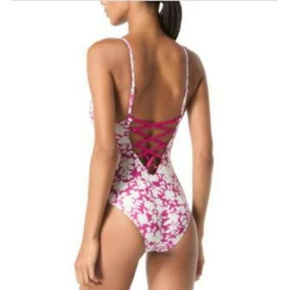 MICHAEL Women's Printed Pink/White Strappy One-Piece Swimsuit 10 - Picture 2 of 2